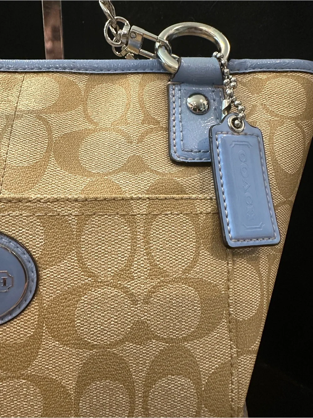Coach #202 Peyton Signature Tote with Blue Trim and Cherry Charm